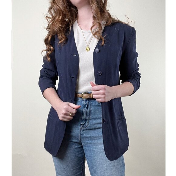 Vintage 100% Silk Oversized Blazer Jacket Coat Relaxed Loose Fit Preppy Academia - Picture 6 of 6